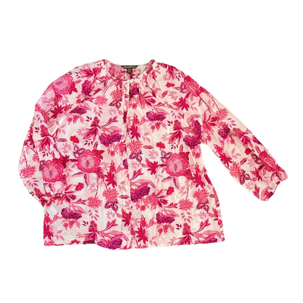Tommy Bahama Silk Cotton Floral Smocked Blouse Womens L EUC